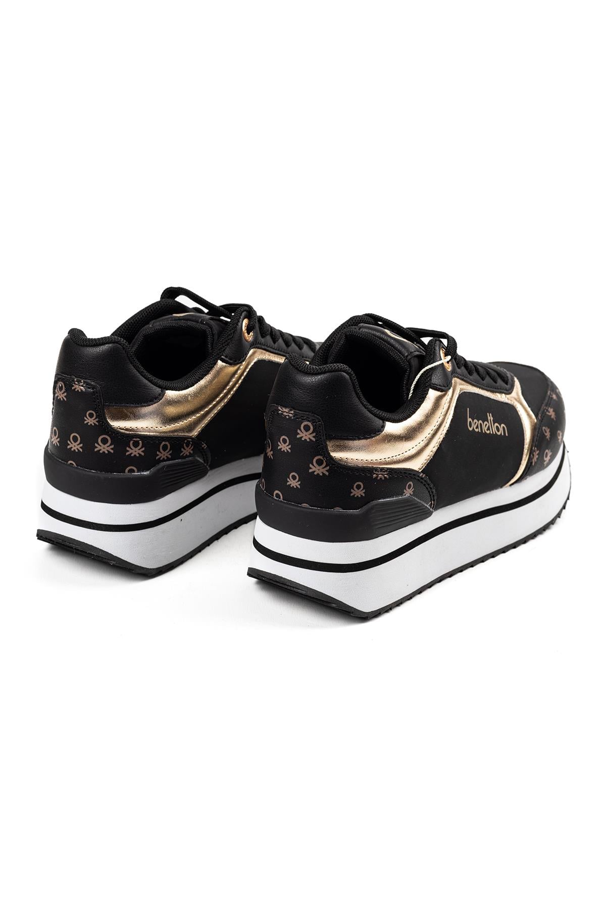 Benetton Siyah Platform Sneaker Altın Detaylı Logolu Yüksek Taban	