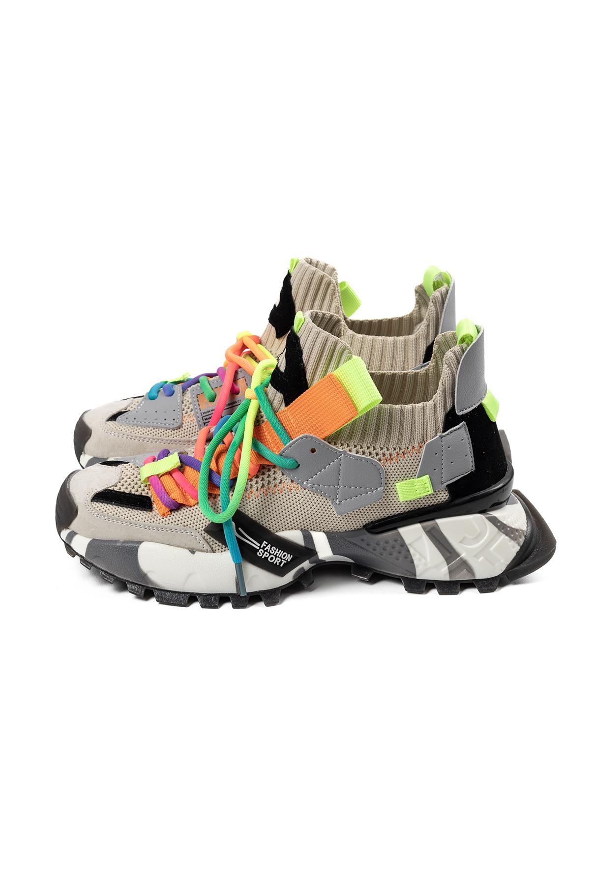 Kadın İthal Sneaker Bot Bej Renkli Bağcık Detaylı Kalın Taban Günlük Ayakkabı