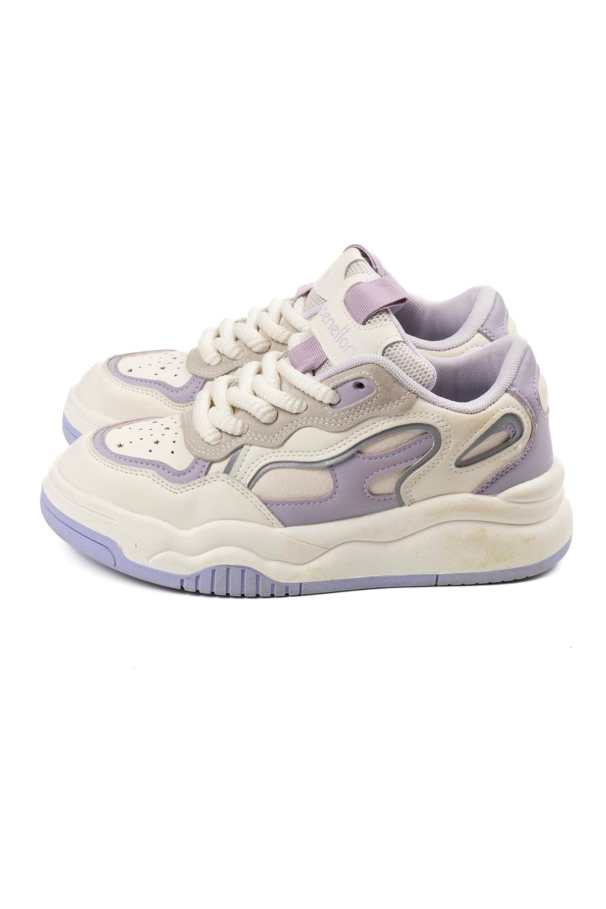 Benetton Kadın Beyaz Lila Detaylı Kalın Bağcıklı Kalın Taban Spor Sneaker Ayakkabı