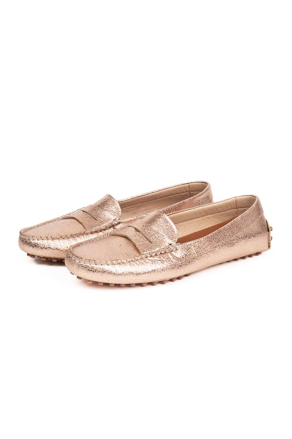 Kadın Altın Rengi Hakiki Deri Şık Loafer Ayakkabı