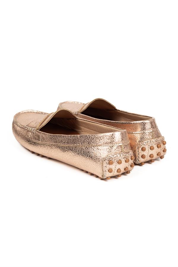 Kadın Altın Rengi Hakiki Deri Şık Loafer Ayakkabı
