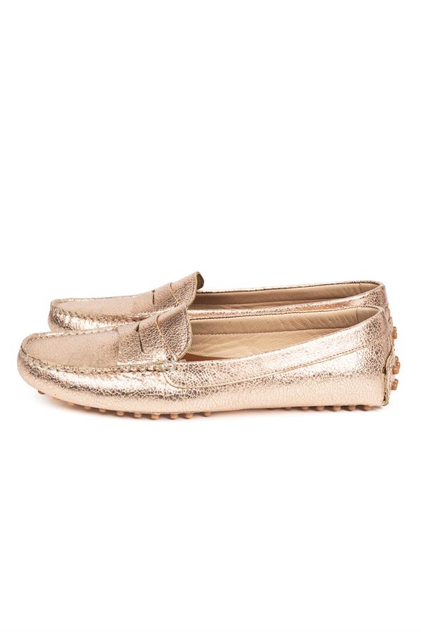 Kadın Altın Rengi Hakiki Deri Şık Loafer Ayakkabı