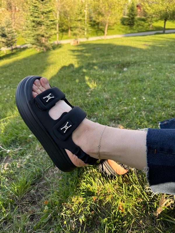  Kadın İthal Düz Sandalet | Siyah