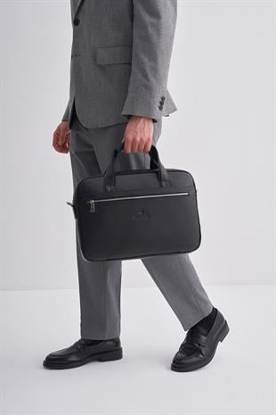 Siyah Hakiki Deri Cep Detaylı Evrak Çantası