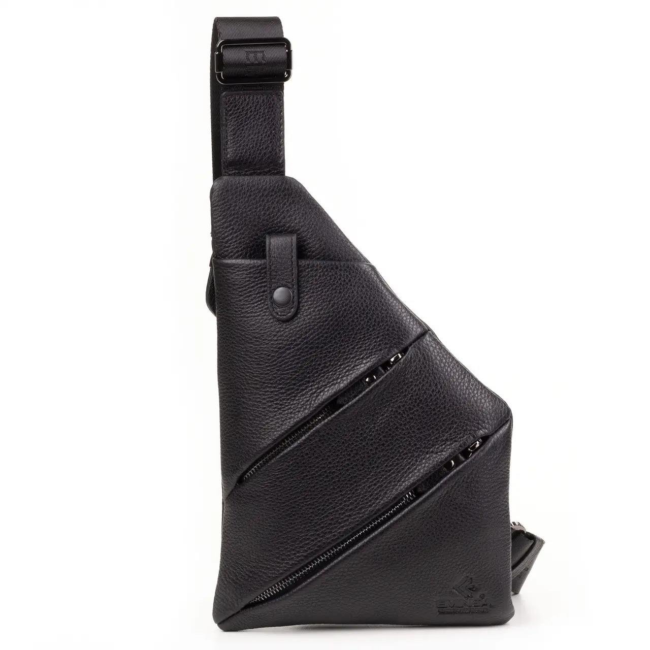 4 Bölmeli Siyah Deri Çarpraz Göğüs Sırt Çantası