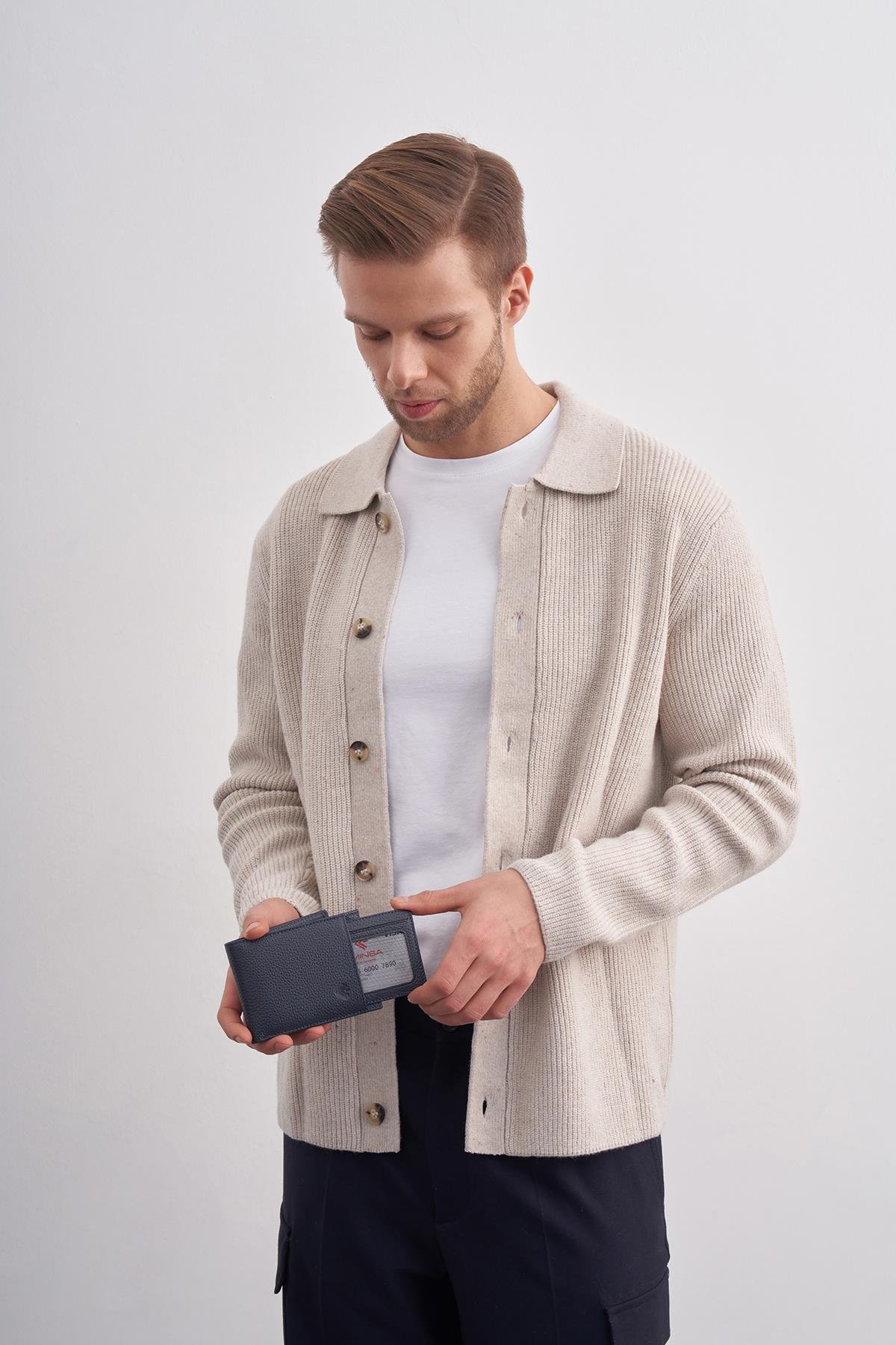 Erkek Lacivert Deri Ekstra Kartlıklı Cüzdan