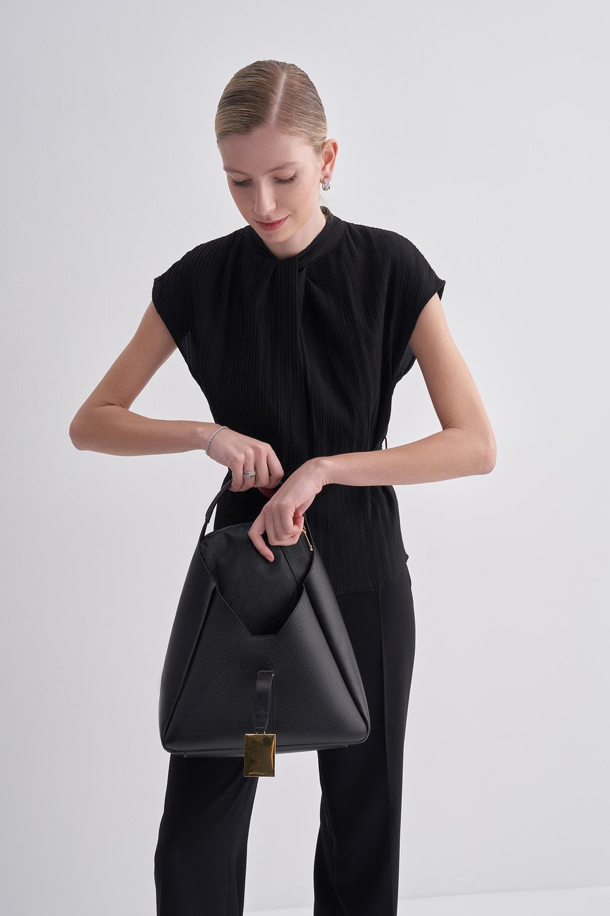 Siyah Hakiki Deri İkili Set Kadın Omuz Çantası