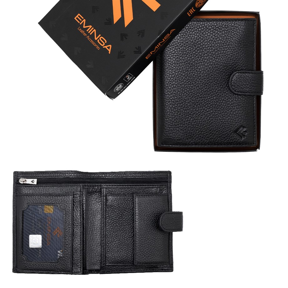 Siyah Dikey Model Çıtçıtlı Deri Erkek Cüzdan