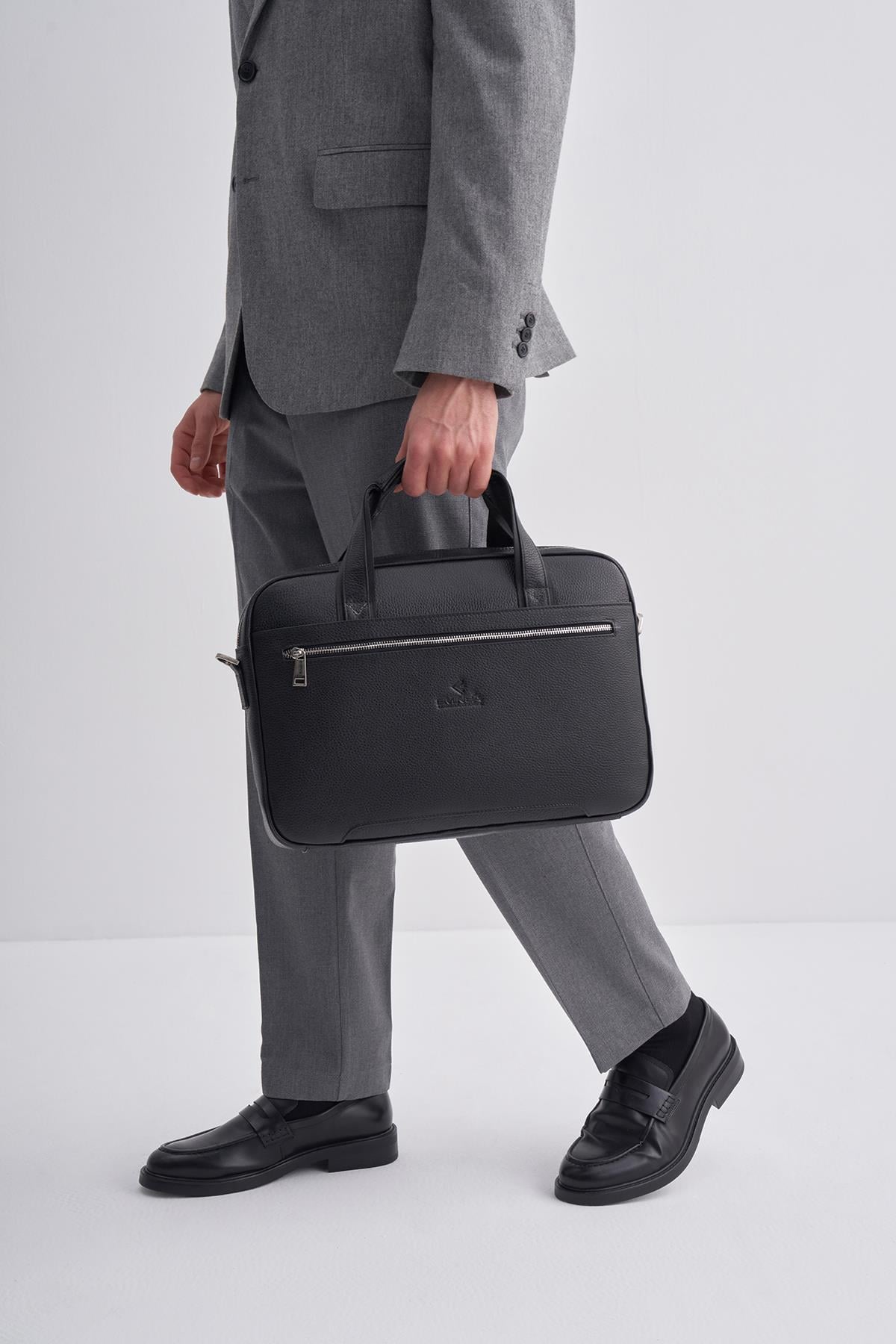 Siyah Hakiki Deri Cep Detaylı Evrak Çantası