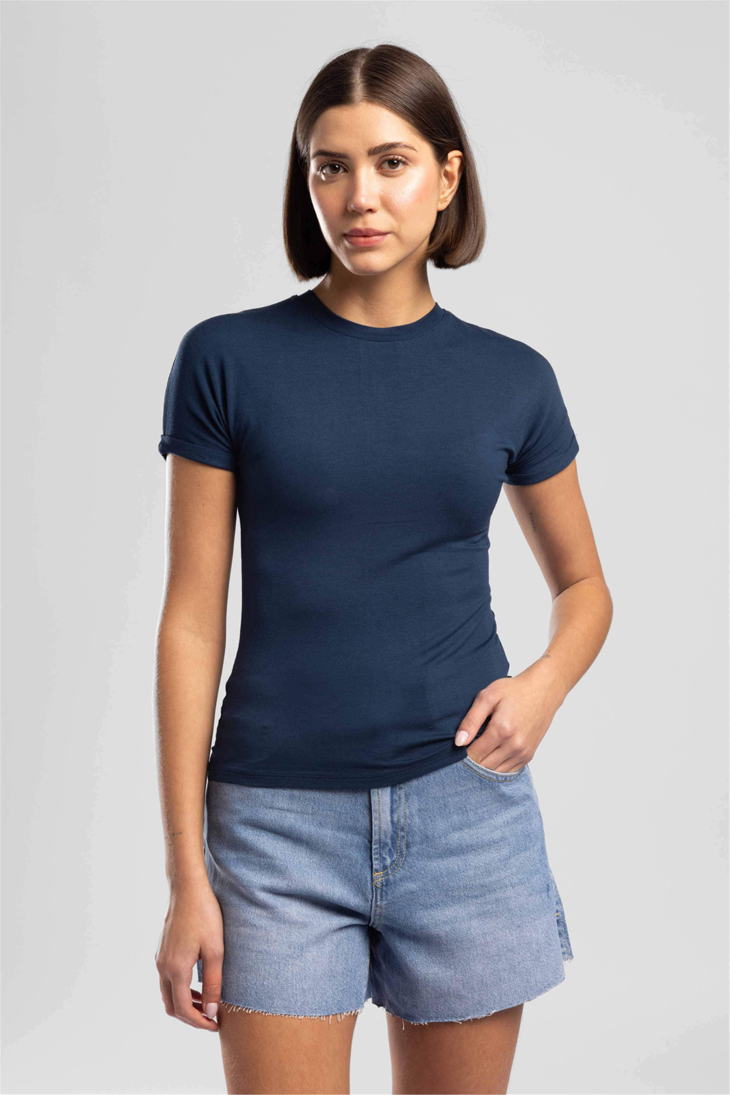 Abel Kadın Basic Bisiklet Yaka T-Shirt Mavi