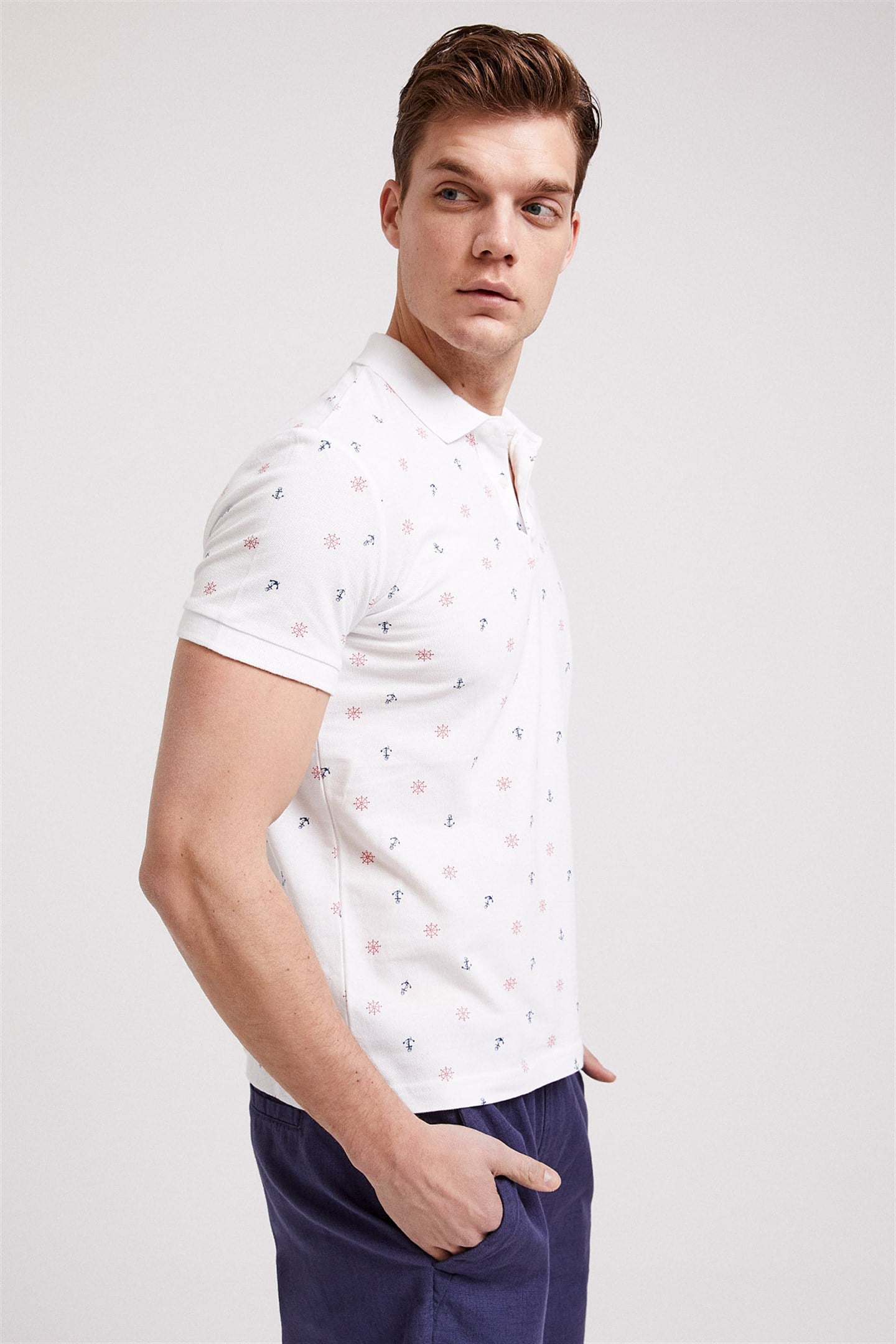 Anchors Erkek %100 Pamuk Baskılı Polo Yaka T-Shirt Beyaz