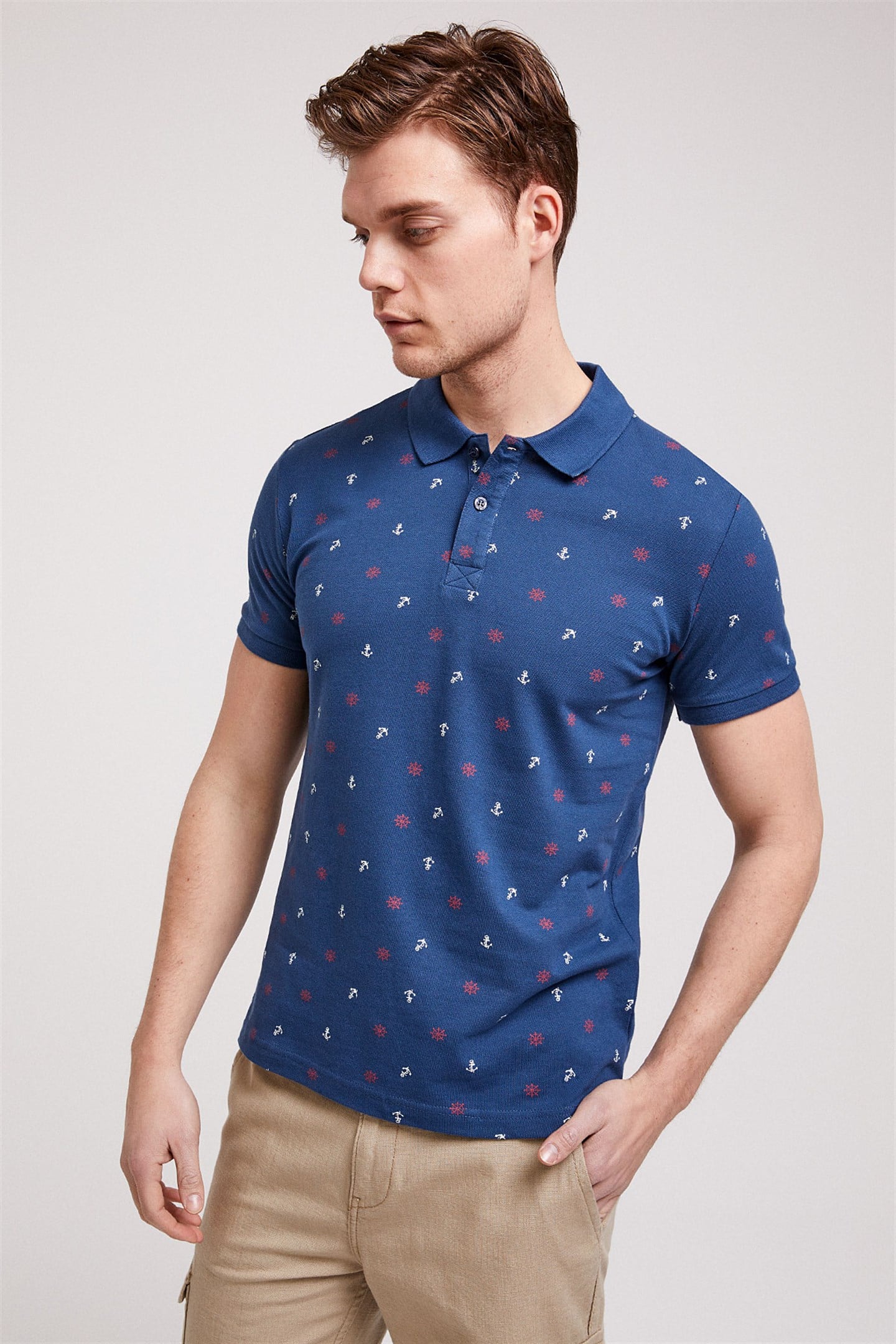 Anchors Erkek %100 Pamuk Baskılı Polo Yaka T-Shirt İndigo