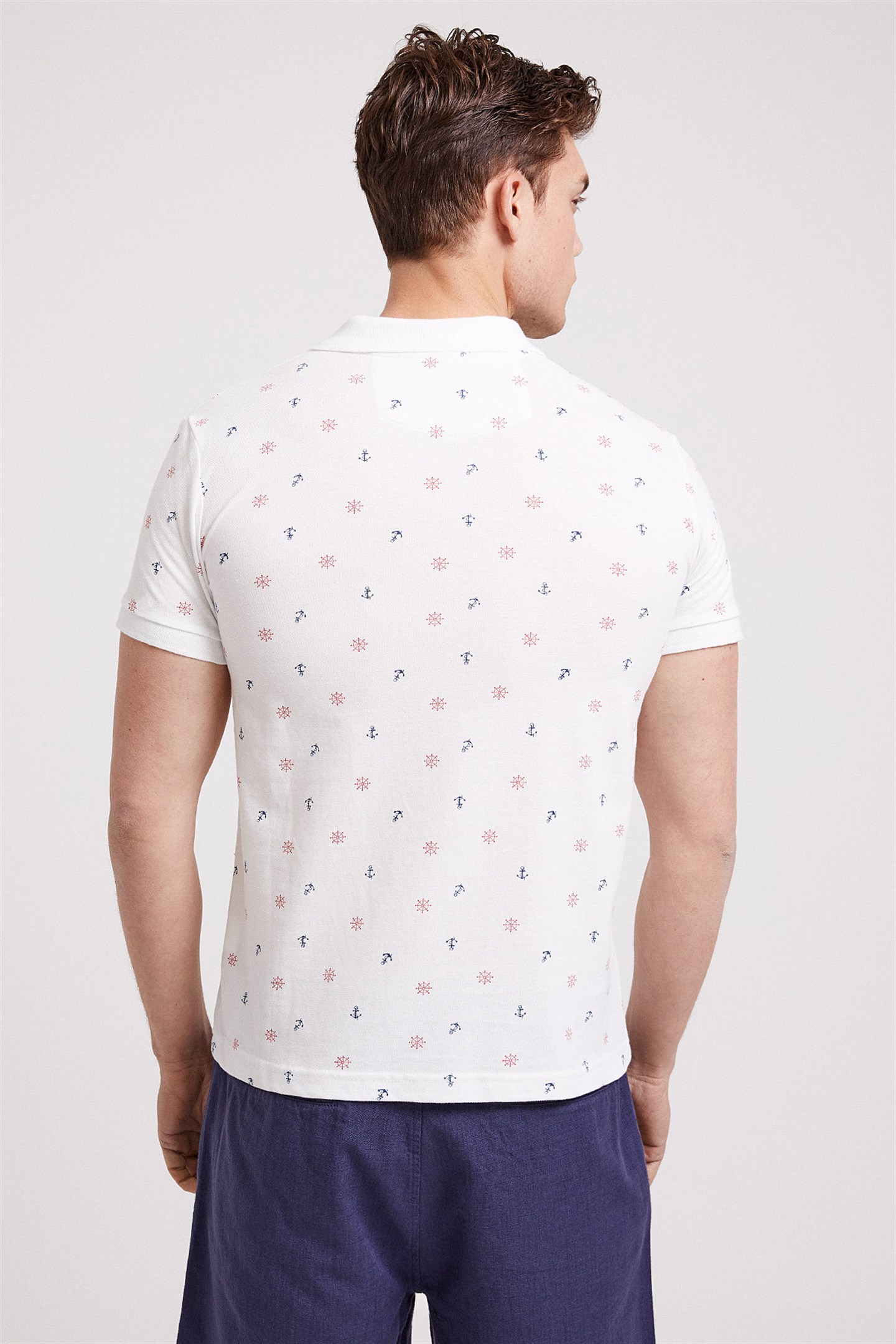 Anchors Erkek %100 Pamuk Baskılı Polo Yaka T-Shirt Beyaz