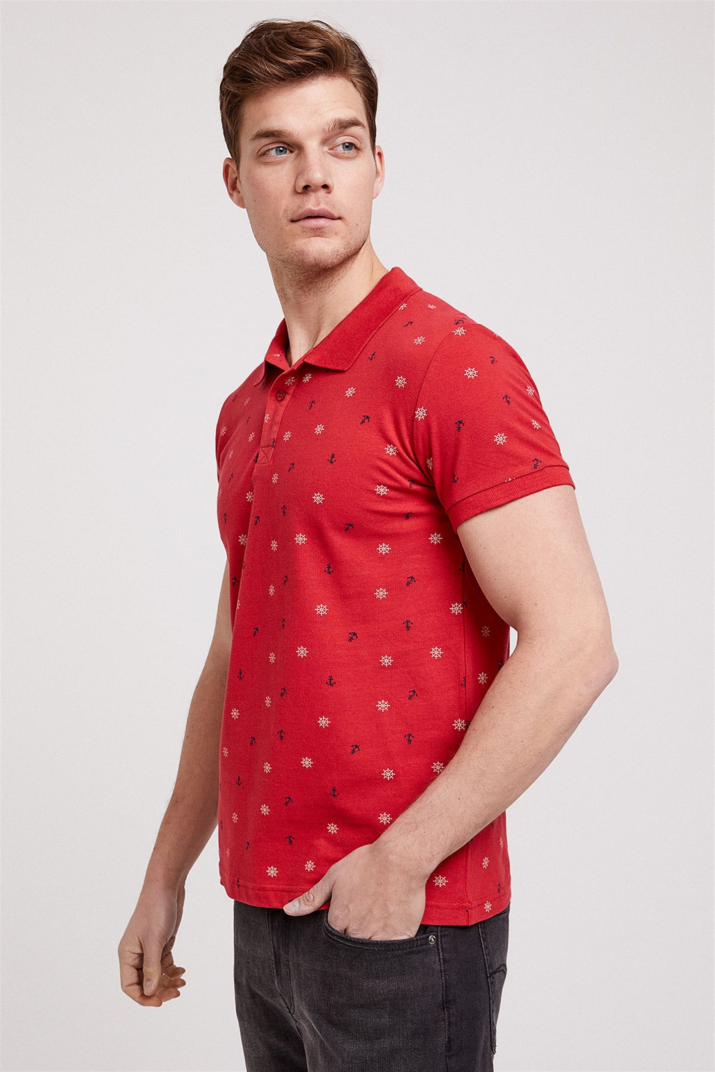 Anchors Erkek %100 Pamuk Baskılı Polo Yaka T-Shirt Kırmızı