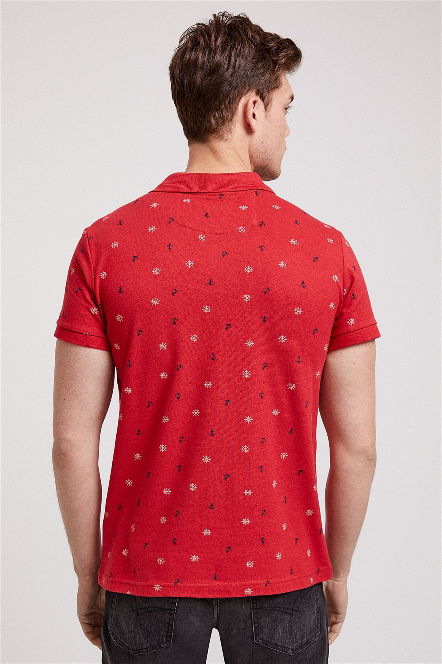 Anchors Erkek %100 Pamuk Baskılı Polo Yaka T-Shirt Kırmızı
