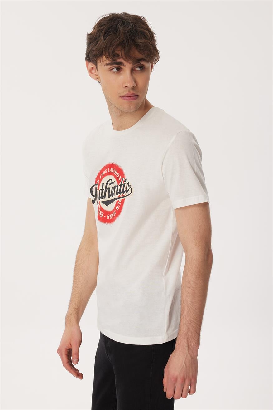 Authen Erkek %100 Pamuk O Yaka T-Shirt Beyaz