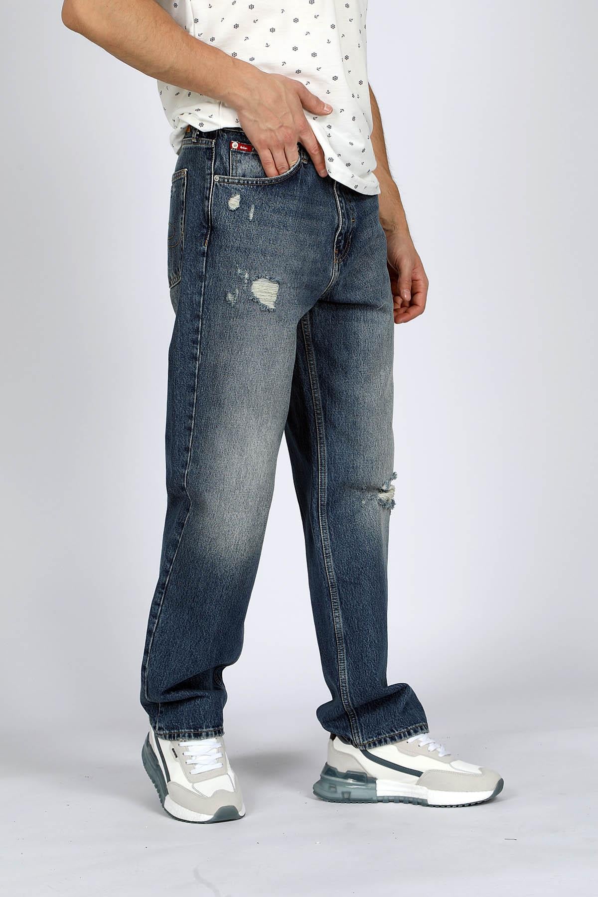 Baggy Yüksek Bel Bol Kesim Düz Paça %100 Pamuk Mavi Erkek Jean Pantolon