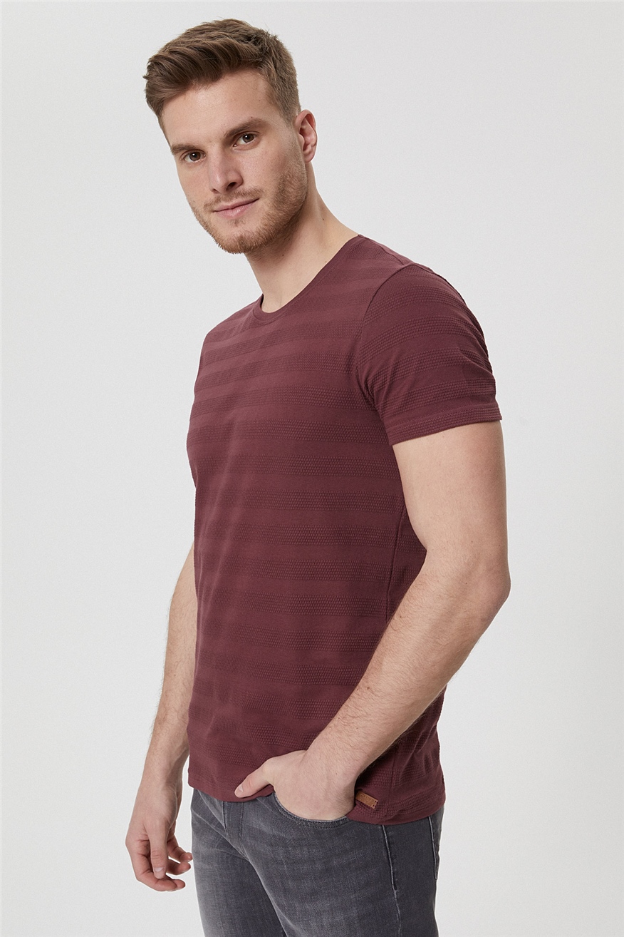 Baines Erkek %100 Pamuk Bisiklet Yaka T-Shirt Koyu Gül Kurusu