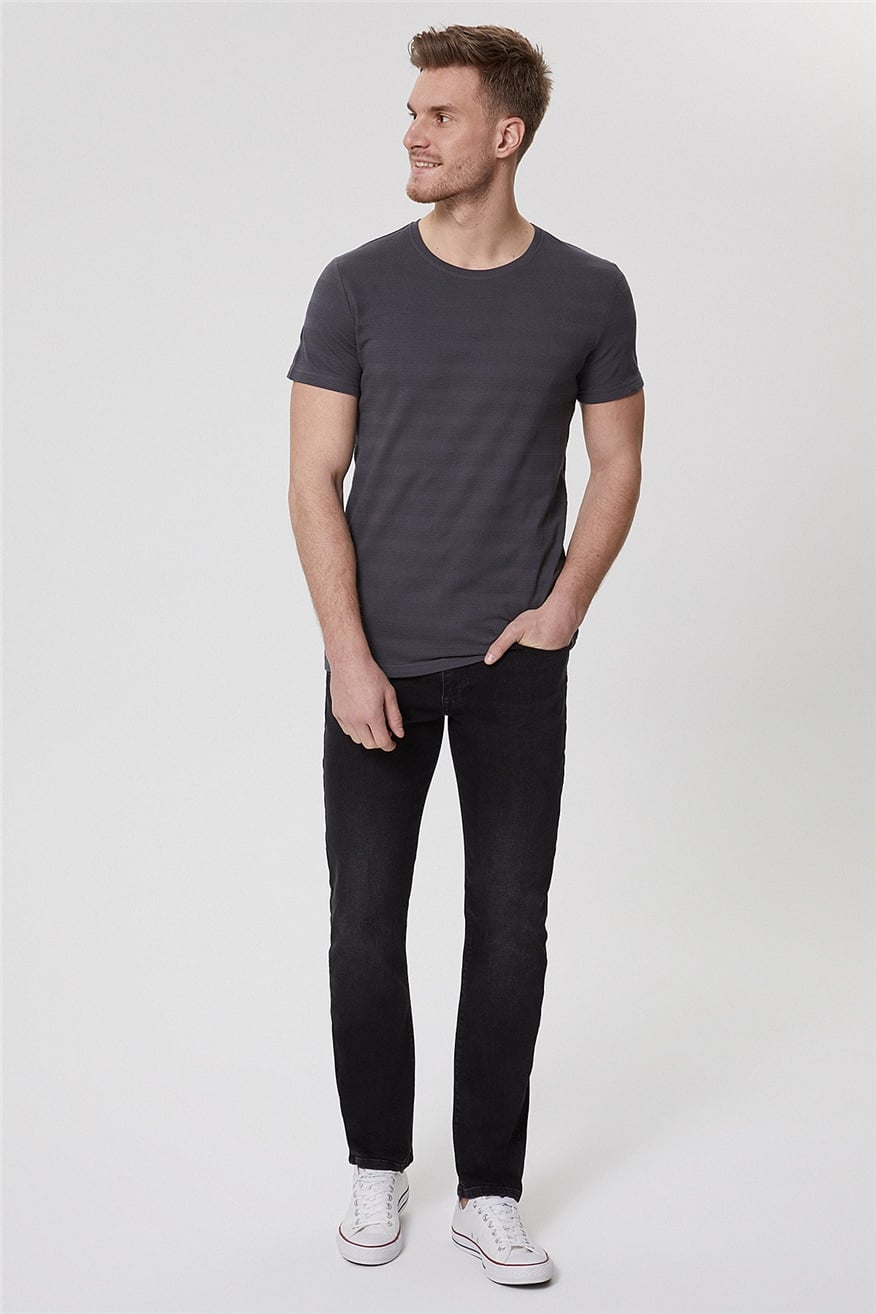 Baines Erkek %100 Pamuk Bisiklet Yaka T-Shirt Koyu Gri