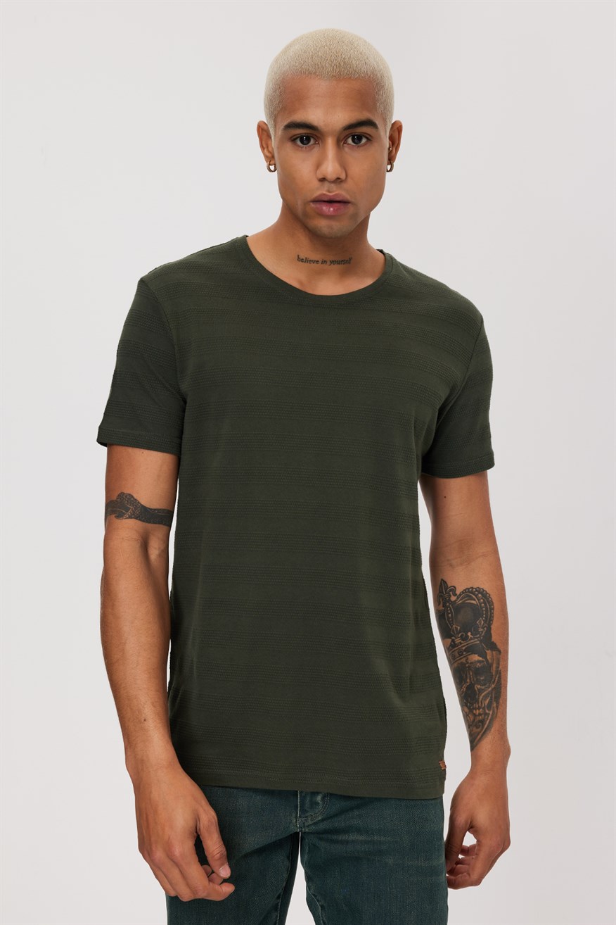 Baines Erkek %100 Pamuk O Yaka T-Shirt Haki