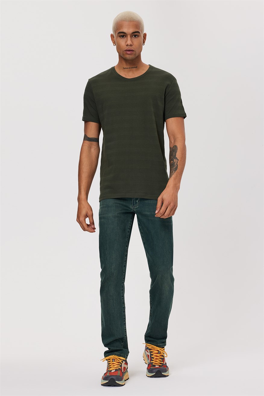 Baines Erkek %100 Pamuk O Yaka T-Shirt Haki