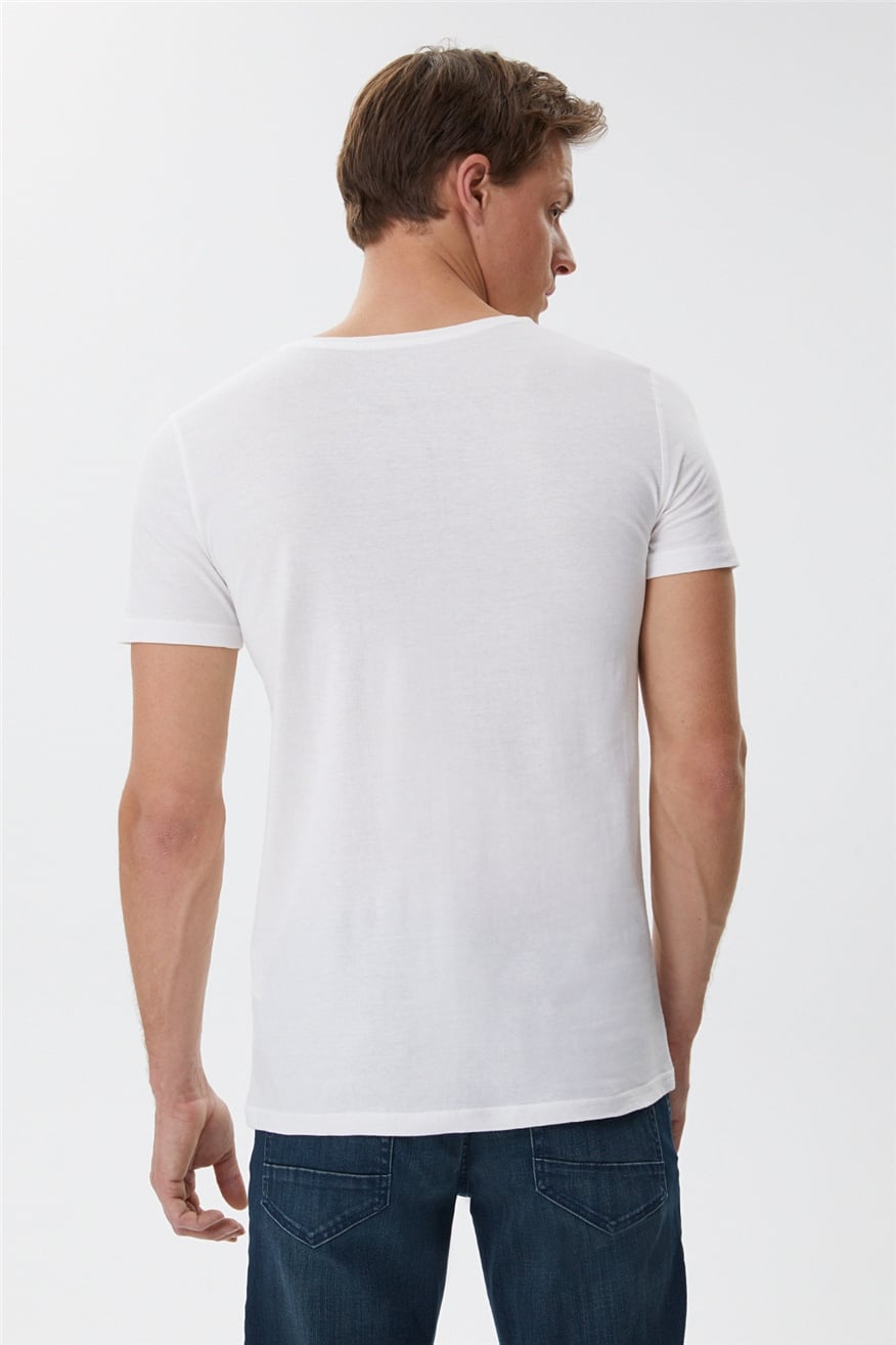 Brendon Erkek %100 Pamuk Bisiklet Yaka T-Shirt Off White