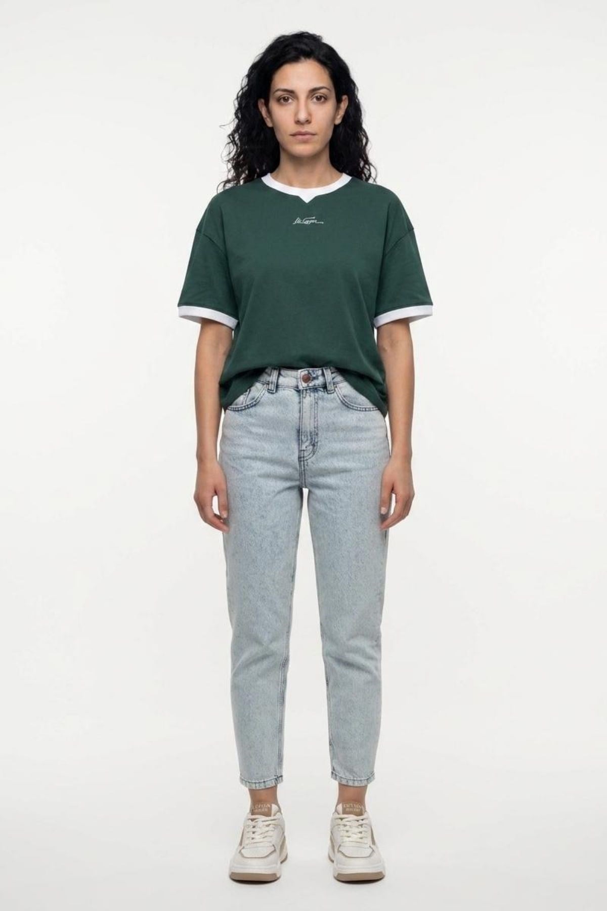 BRIANA Kadın Rahat Kesim Baskılı Bisiklet Yaka T-Shirt Yeşil
