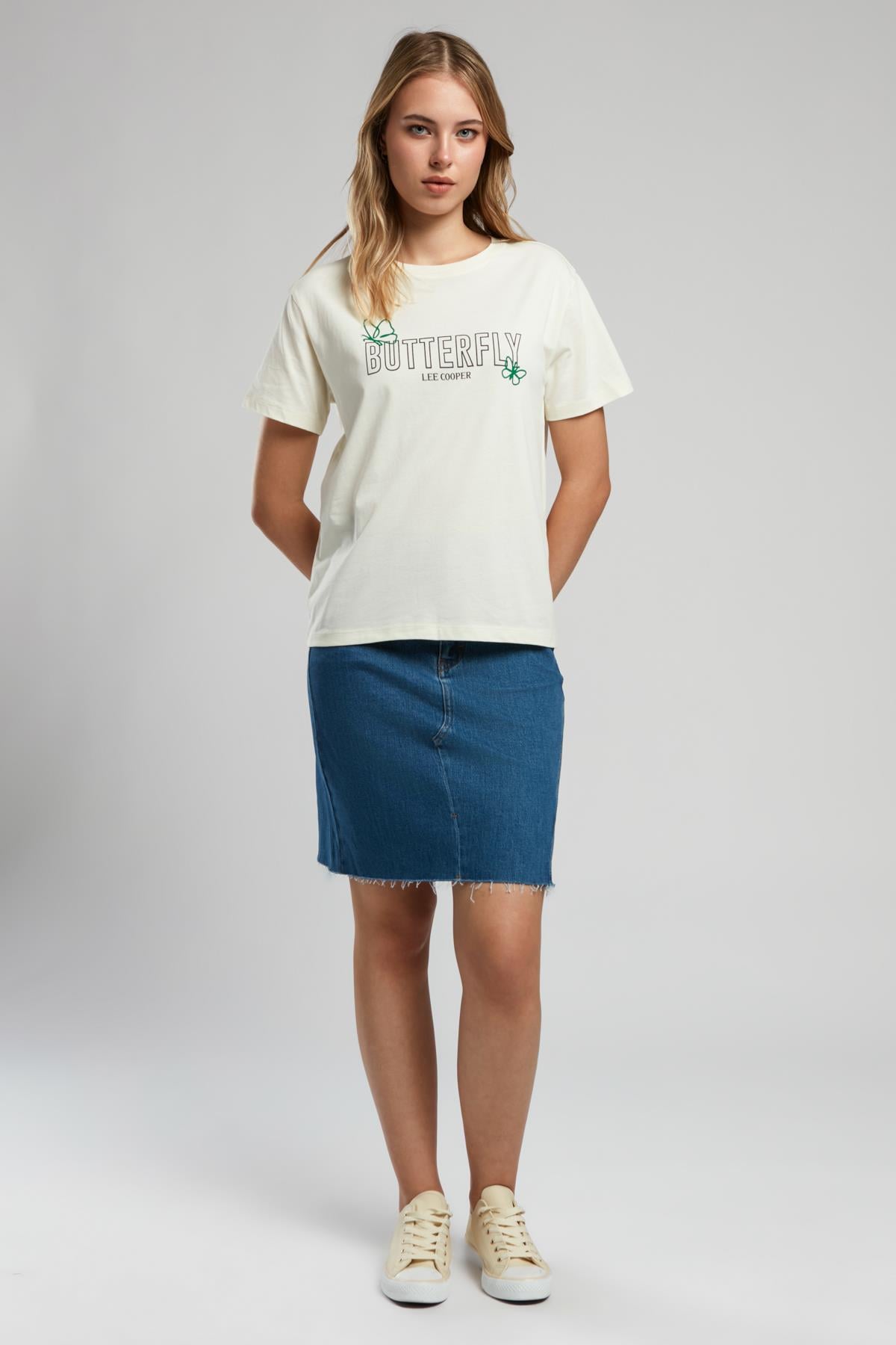 Butterfly Kadın O Yaka T-Shirt Açık Sari