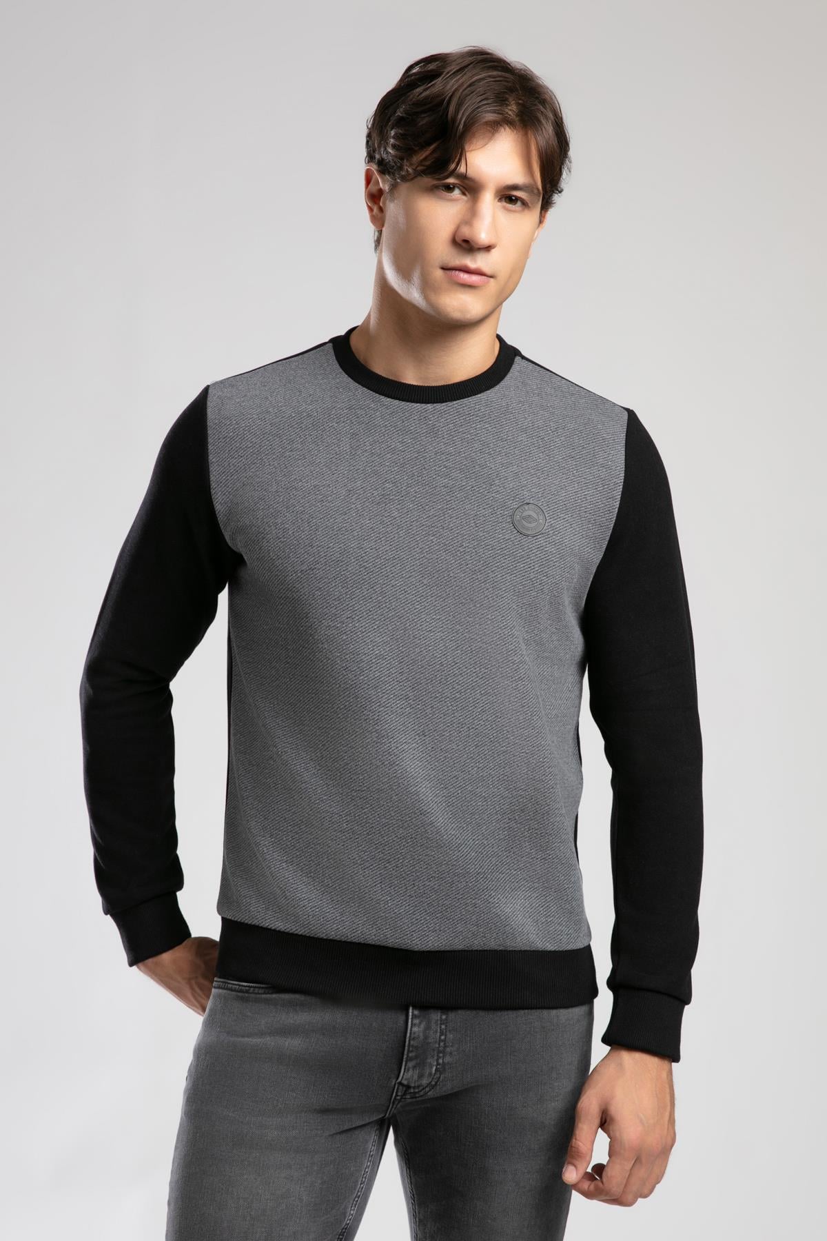 Diagonal Erkek O Yaka Sweatshirt Siyah