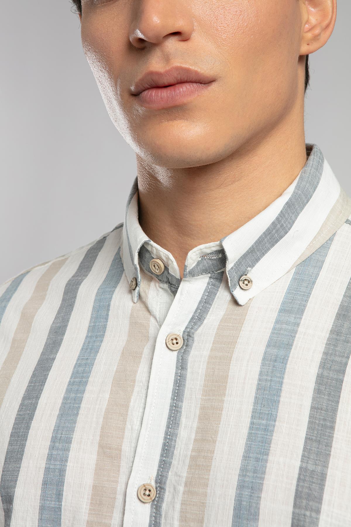 Drake Erkek %100 Pamuk Uzun Kol Dokuma Gömlek Lacivert-Bej