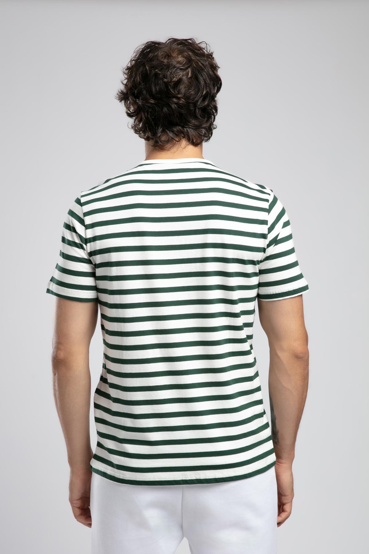 Eddy Erkek %100 Pamuk O Yaka T-Shirt Ekru-Zümrüt Çizgili
