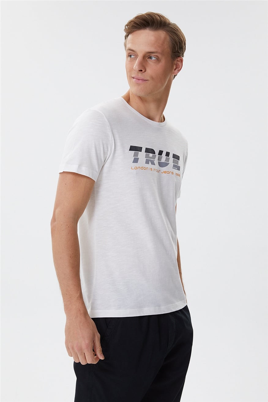 Elvis Erkek %100 Pamuk Bisiklet Yaka T-Shirt Off White