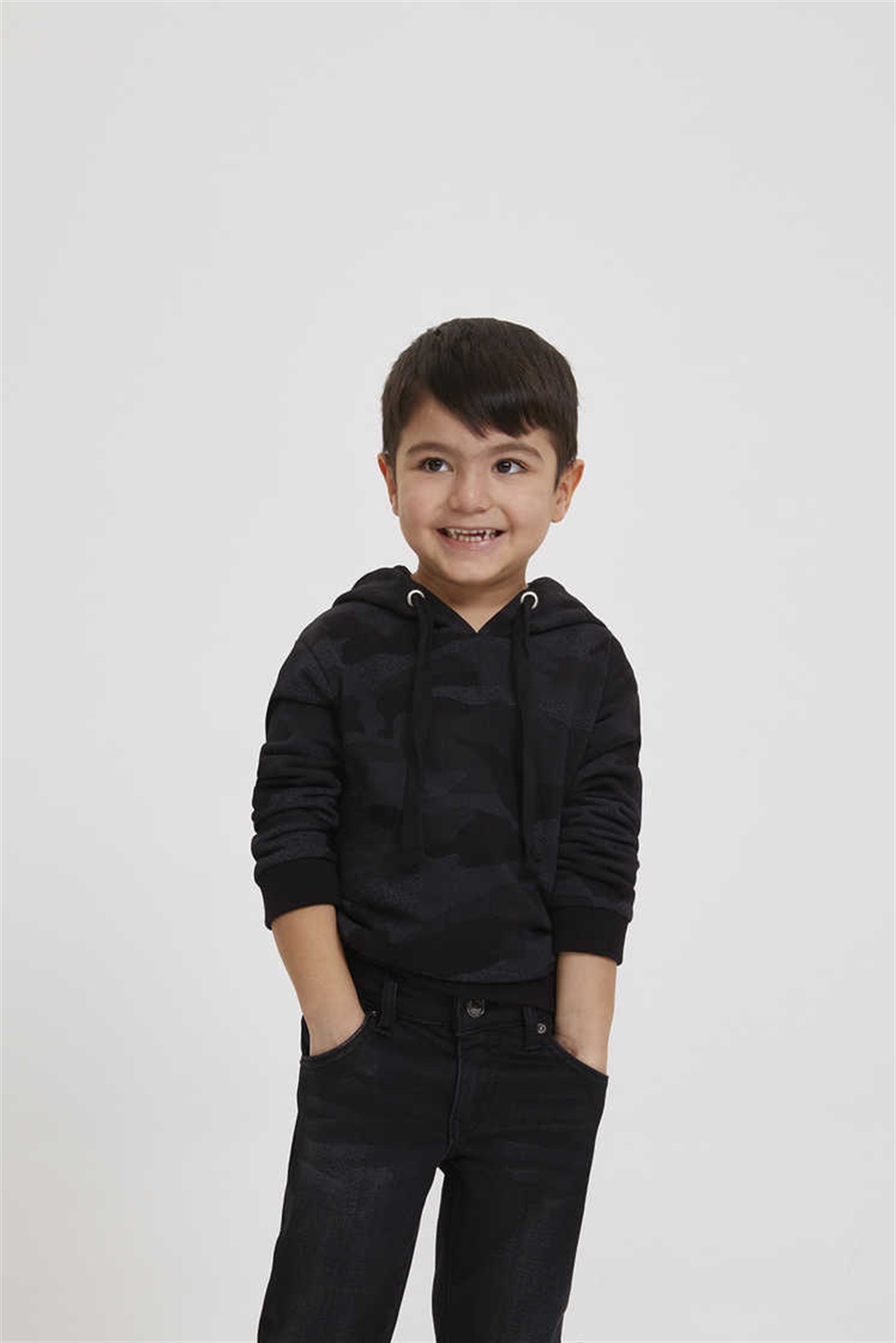 Faxon Erkek Çocuk %100 Pamuk Kapüşonlu Sweatshirt Siyah Kamuflaj