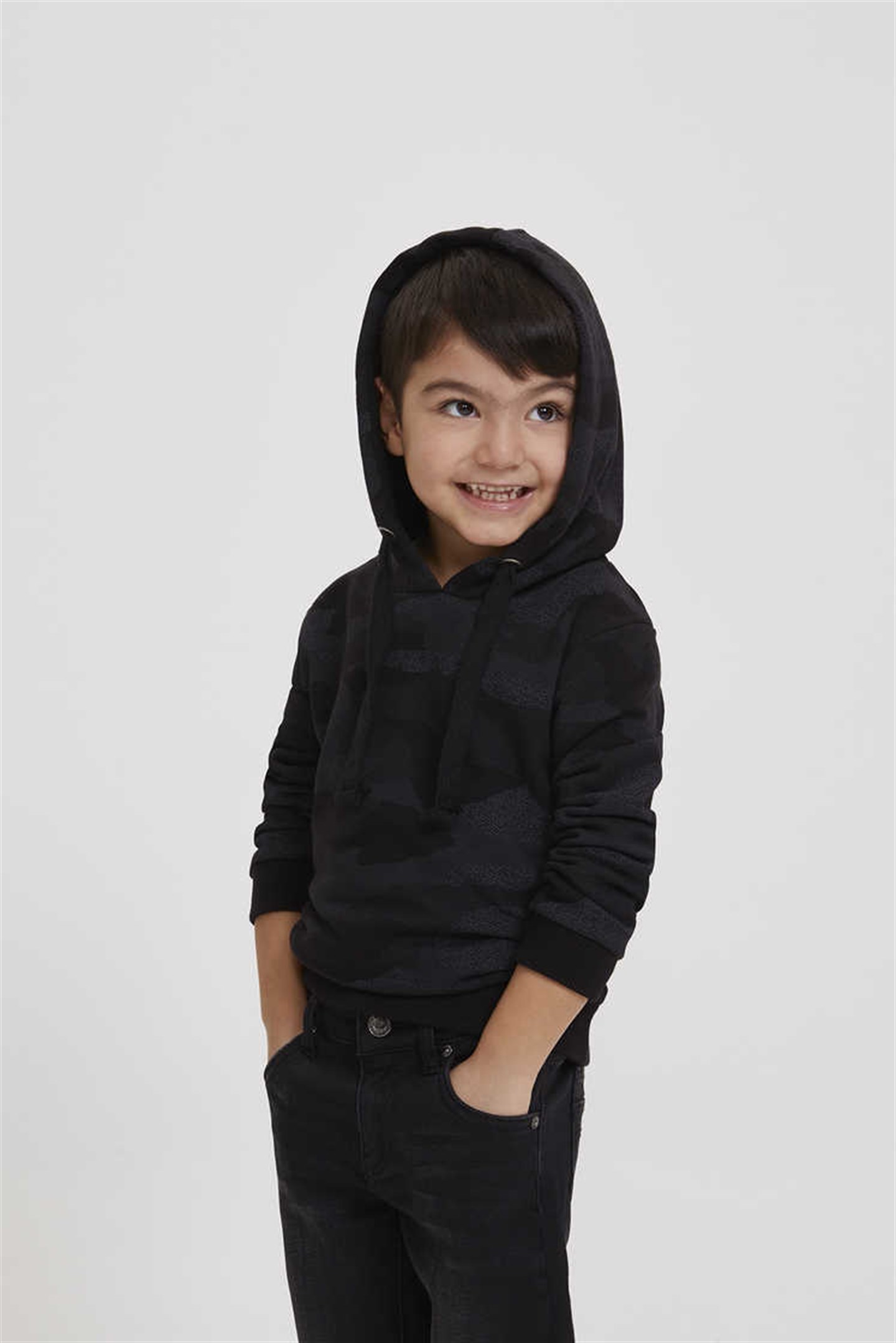 Faxon Erkek Çocuk %100 Pamuk Kapüşonlu Sweatshirt Siyah Kamuflaj