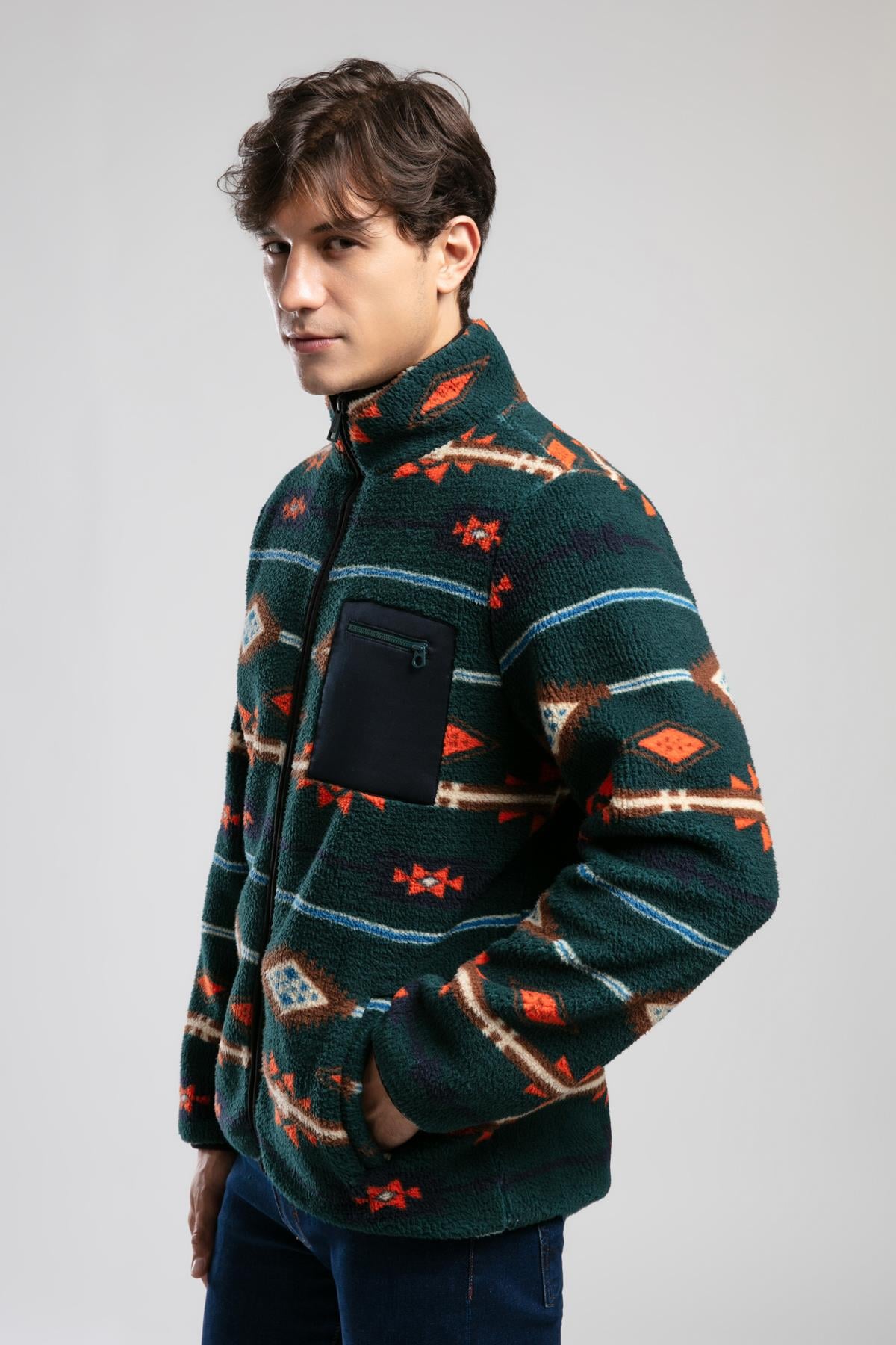 Folks Erkek Dik Yaka Fermuarli Sweatshirt Yeşil