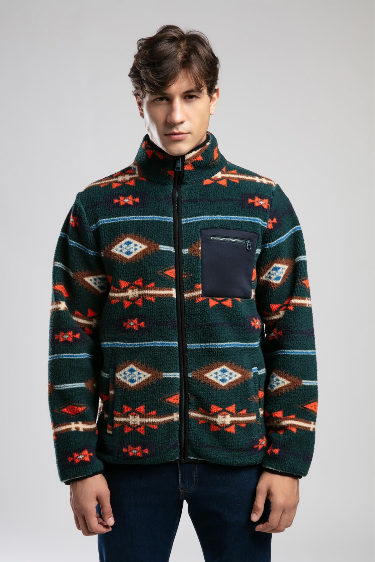 Folks Erkek Dik Yaka Fermuarli Sweatshirt Yeşil
