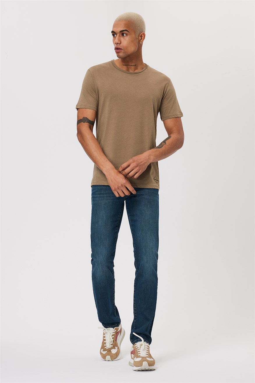 Gael Erkek %100 Pamuk O Yaka T-Shirt Koyu Bej