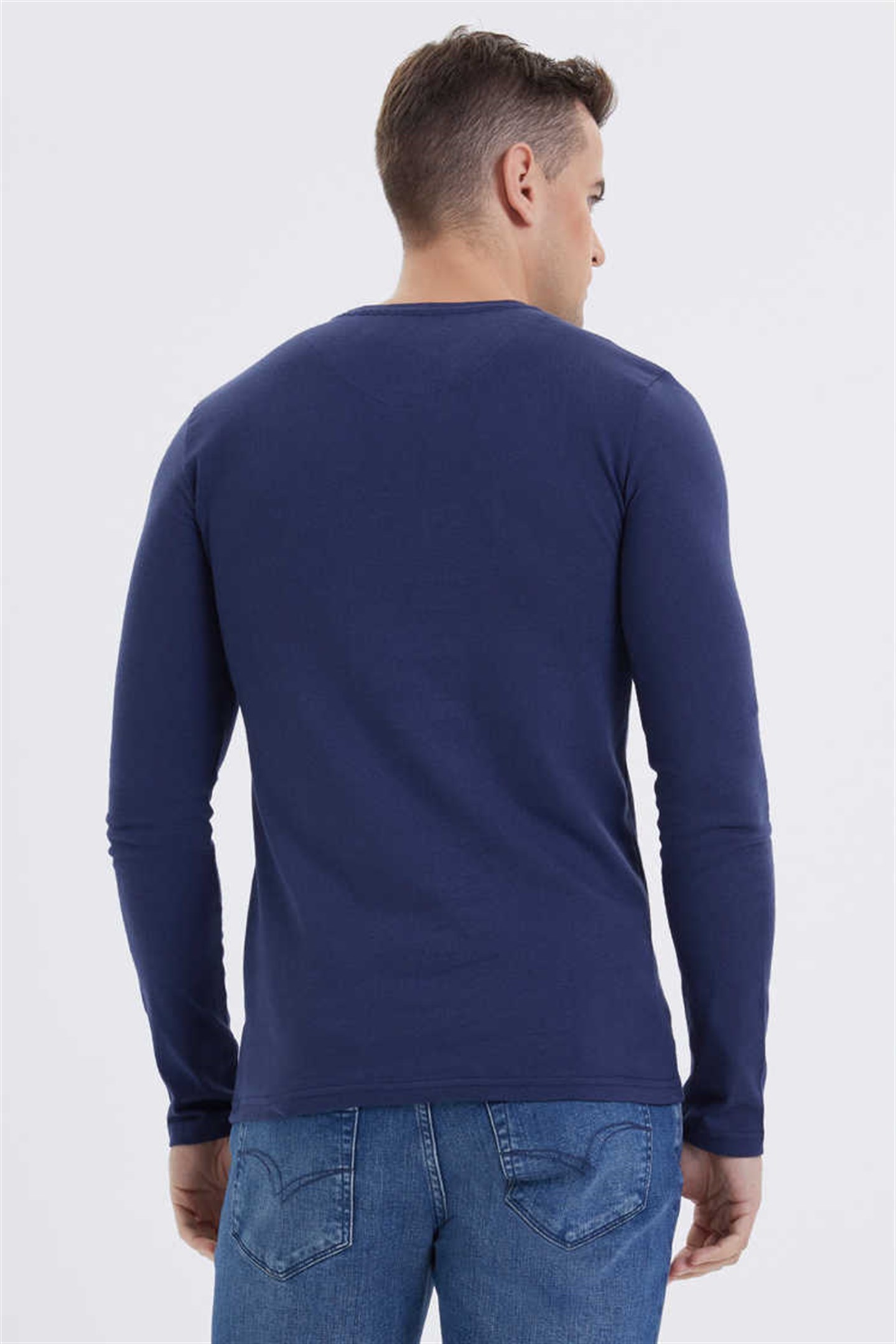 Grandad Erkek %100 Pamuk Bisiklet Yaka Patli Sweatshirt Lacivert
