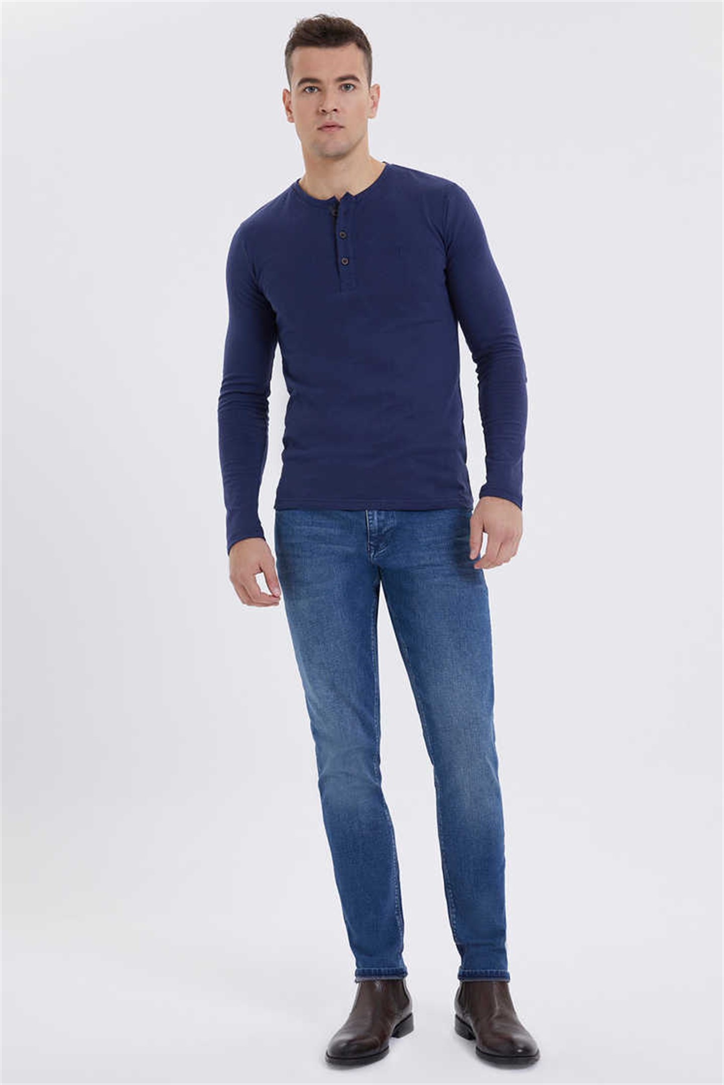Grandad Erkek %100 Pamuk Bisiklet Yaka Patli Sweatshirt Lacivert