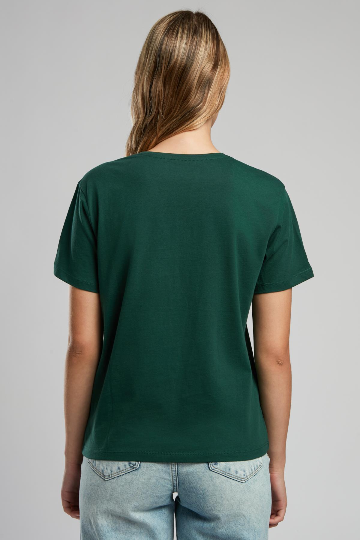 Green Kadın %100 Pamuk O Yaka T-Shirt Zümrüt