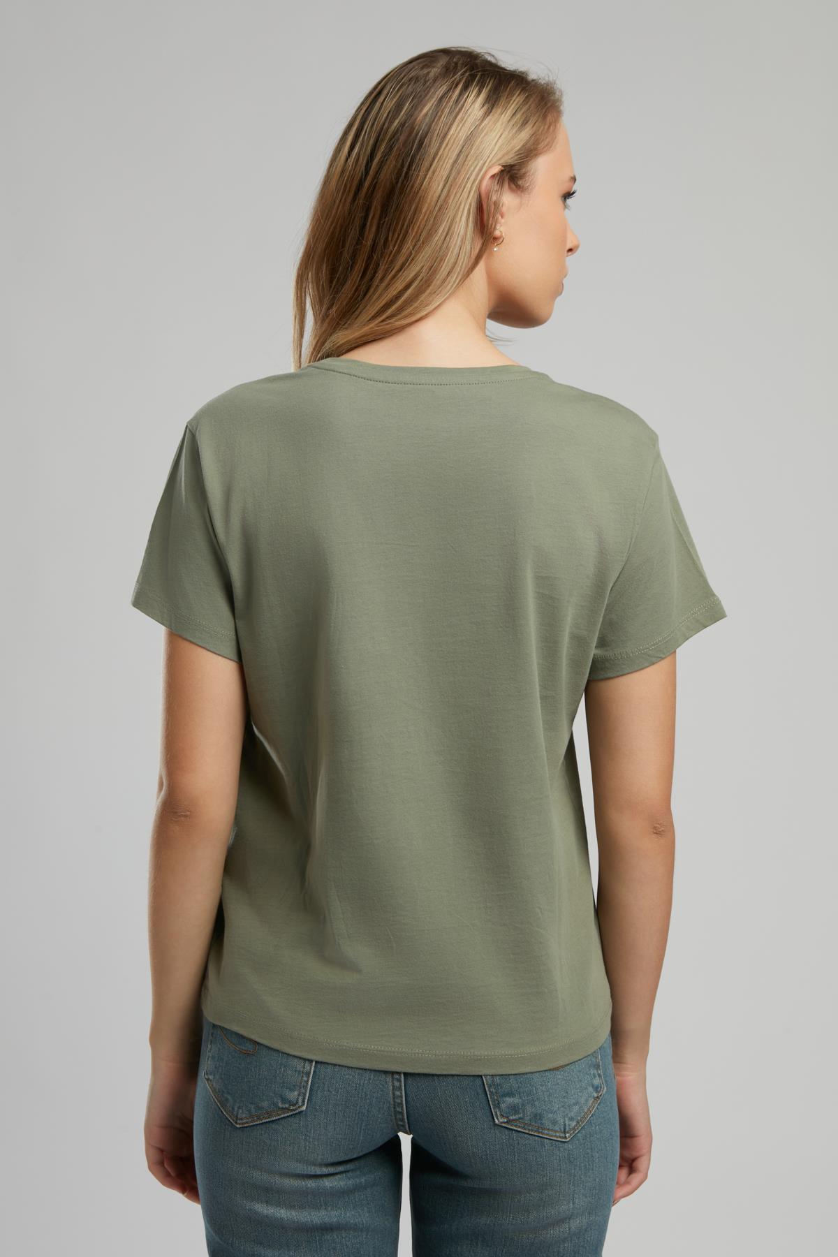 Grow Kadın %100 Pamuk O Yaka T-Shirt Haki