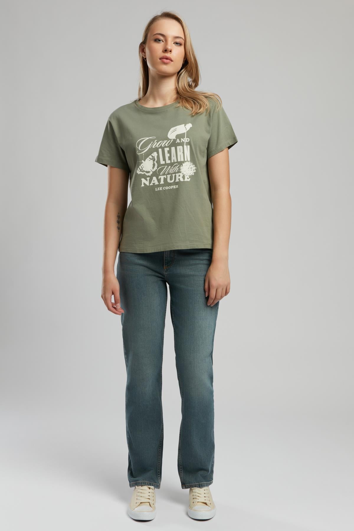Grow Kadın %100 Pamuk O Yaka T-Shirt Haki