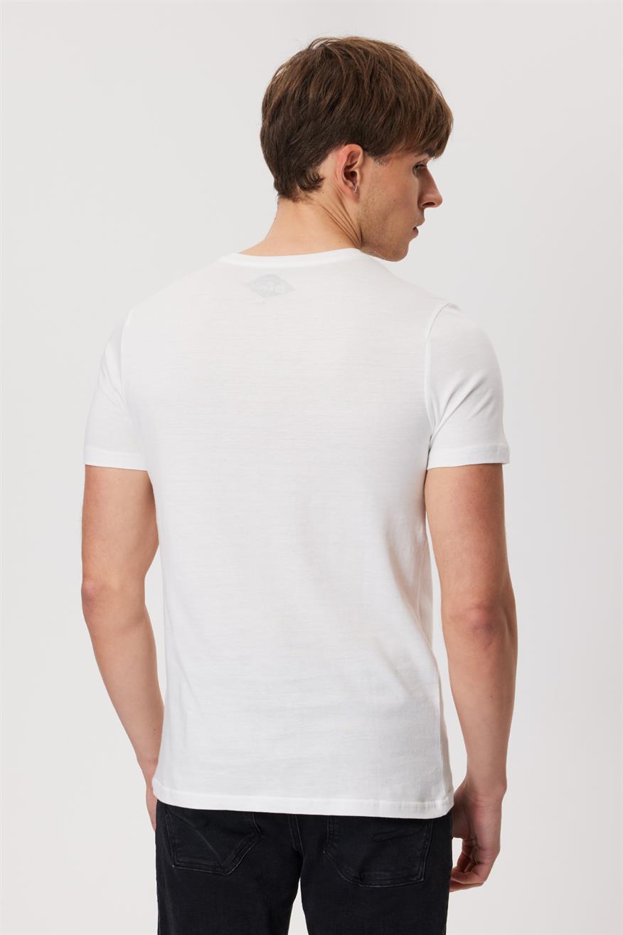 Huge Erkek %100 Pamuk O Yaka T-Shirt Off White