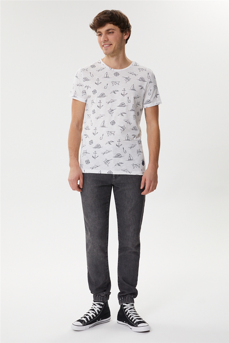 Hughes Erkek %100 Pamuk Bisiklet Yaka T-Shirt Beyaz