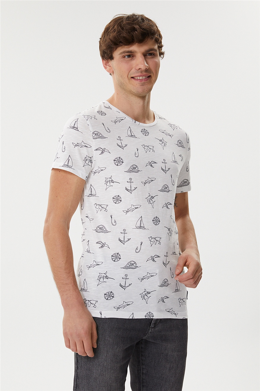 Hughes Erkek %100 Pamuk Bisiklet Yaka T-Shirt Beyaz
