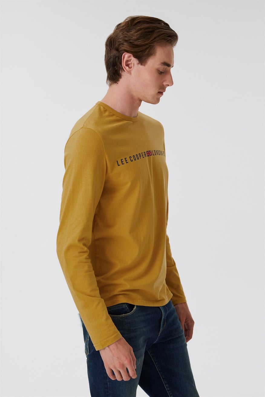 Jason Erkek %100 Pamuk Bisiklet Yaka Uzun Kol T-Shirt Hardal
