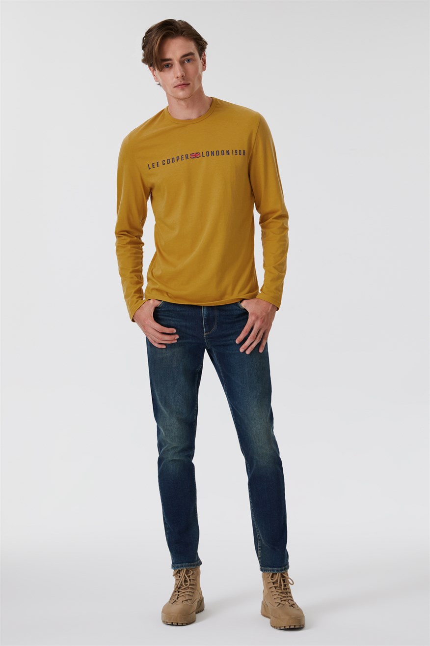 Jason Erkek %100 Pamuk Bisiklet Yaka Uzun Kol T-Shirt Hardal