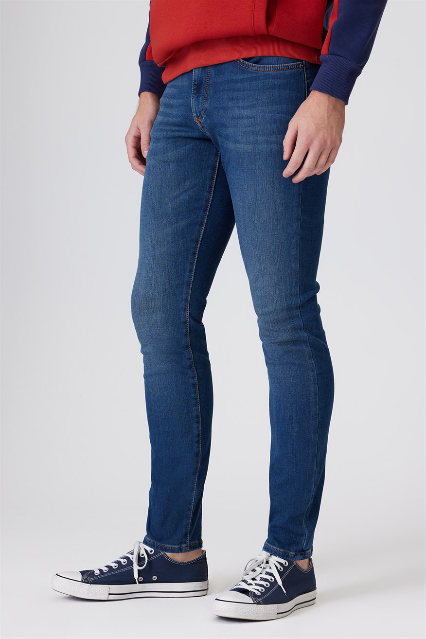 Jeff Erkek Skınny Süper Dar Kesim Normal Bel Dar Paça Jean Pantolon Mavi