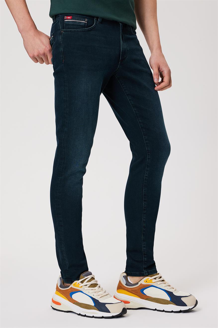 Jeff Erkek Skınny Süper Dar Kesim Normal Bel Dar Paça Jean Pantolon Mavi