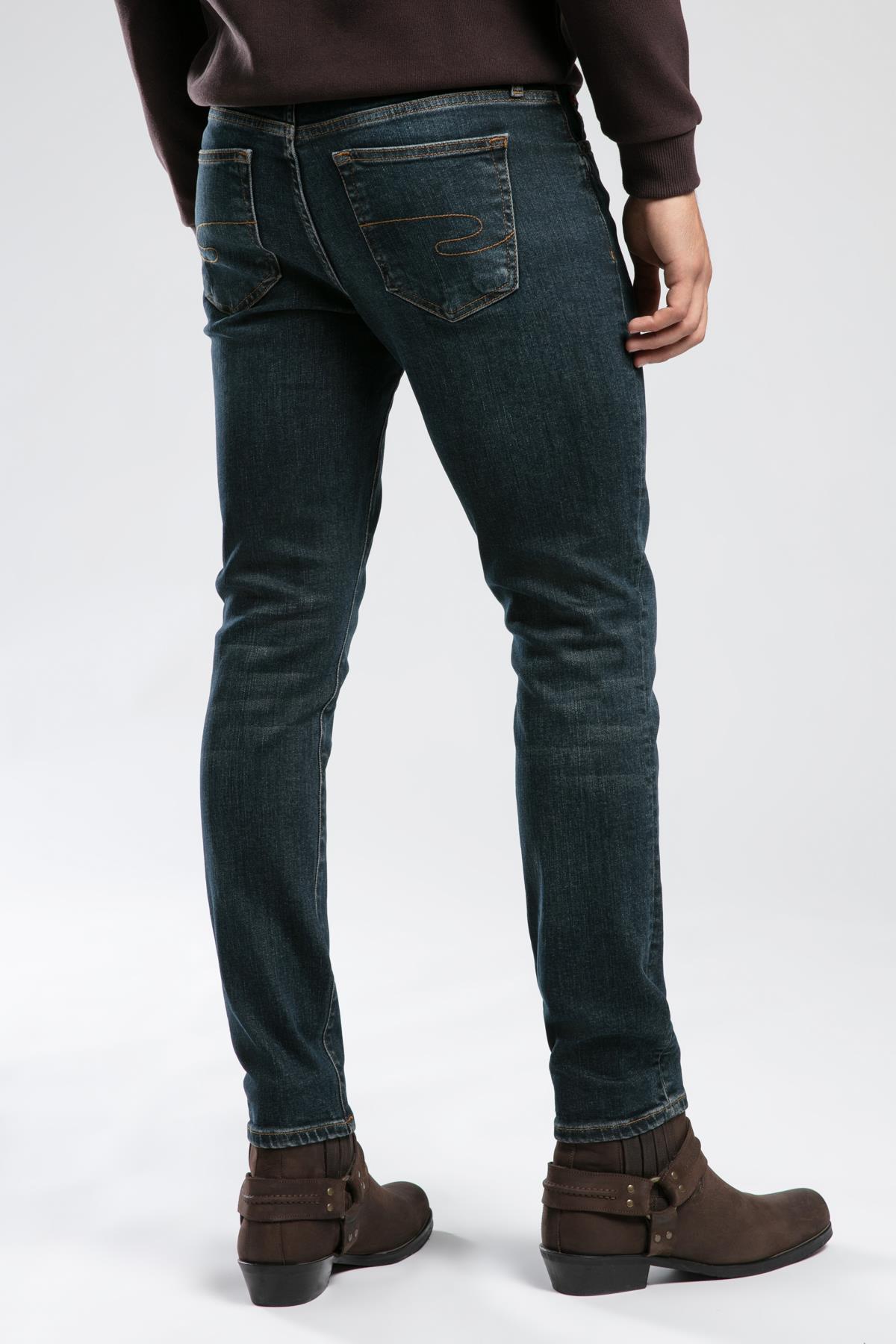 Jeff Erkek Skınny Süper Dar Kesim Normal Bel Dar Paça Jean Pantolon Mavi